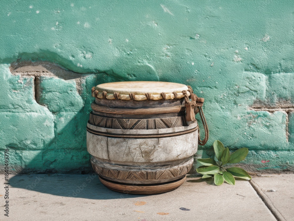 Fototapeta premium Rustic African Drum Against Cracked Green Wall: Cultural Music Instrument