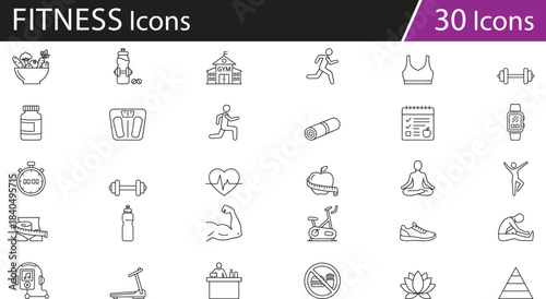 Minimalist black line vector icons set representing health, fitness, and wellness lifestyle essentials, ideal for nutrition guides, workout apps, mindfulness content, gym branding