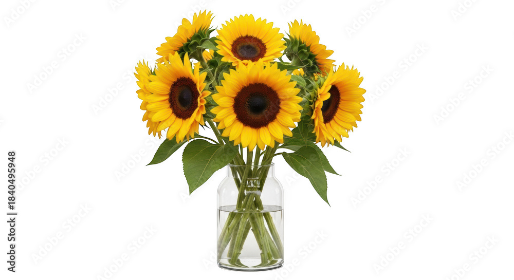 Obraz premium Bouquet of bright yellow sunflowers in a clear glass vase floral