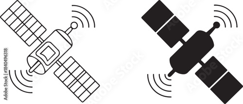 Two satellite icons one outlined and one solid black with signal waves space orbit