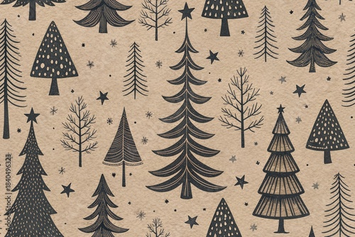 Seamless Vector Pattern with Black Stylized Christmas Trees and Stars on Kraft Paper Background. Christmas trees seamless pattern