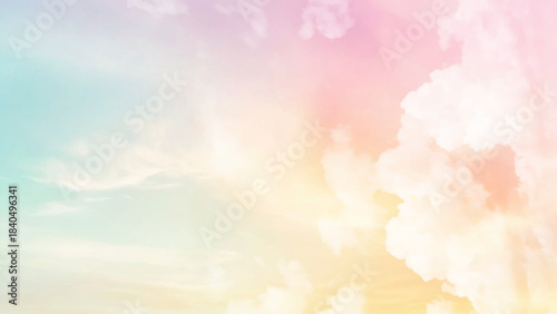 Sky clear gradient pastel sky background. Fantasy magical sunny sky pastel background with colorful cloudy sky, fluffy white cloud. Freedom concept. Vector illustration.