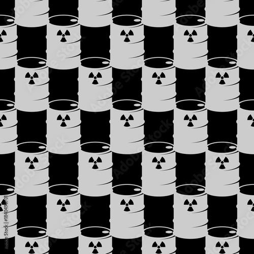 Barrel with radioactive toxic waste seamless pattern isolated on black background