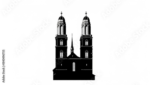 Church silhouette with tower and dome in cityscape
