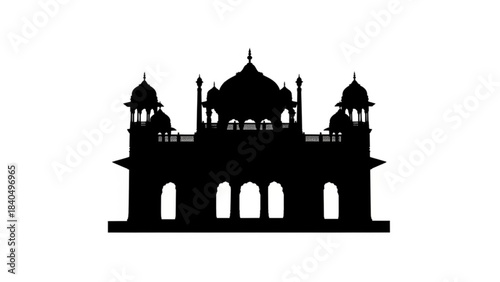 Indian Temple Silhouette: A majestic silhouette of an Indian temple, featuring intricate domes and arches, stands proudly against a stark white background.