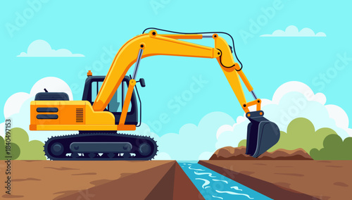 A bright excavator excavates a long drainage channel on farmland under blue sky excavator digging drainage channel