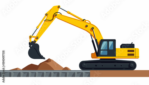 A yellow excavator scoops soil from a gravel platform during drainage channel work excavator digging drainage channel
