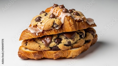 Trendy French sweet dessert pastry crookie, a hybrid of croissant with sweet butter cookies with chocolate drops dough baked filling and glaze Cookie Croissant