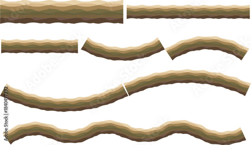 Layered earth terrain cross section strips in brown tones. Organic wavy ground borders for maps, games and diagrams. Natural soil slice elements for landscape and infographic design.