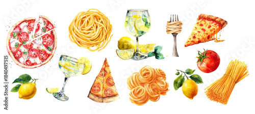 Amalfi Coast watercolor food collection with pasta, wine, champagne. Mediterranean summer essentials with tomatoes, pizza, pasta and more. Perfect for travel postcards.