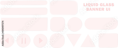 Liquid glass UI buttons and banners in soft pink. Rounded transparent interface elements with glossy blur style. Modern web and app components for futuristic design layouts.