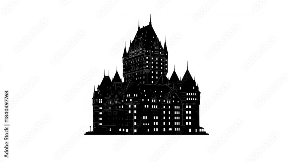 Fototapeta premium Château Silhouette: A stately silhouette of a majestic château stands proudly, showcasing intricate architectural detail against a backdrop of stark elegance.