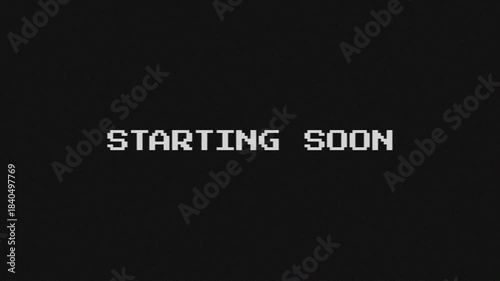 Starting soon pixelated retro glitch text on dark background. It suits gaming, technology, vintage, and modern digital media themes. 4K video