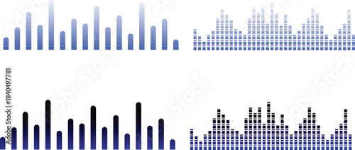 Blue audio equalizer bars and dotted sound waves. Modern music frequency visualization on white background. Digital waveform element for media, radio and audio design projects.