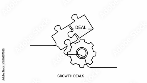 Connecting puzzle pieces and a gear symbolize a successful business deal and growth.
