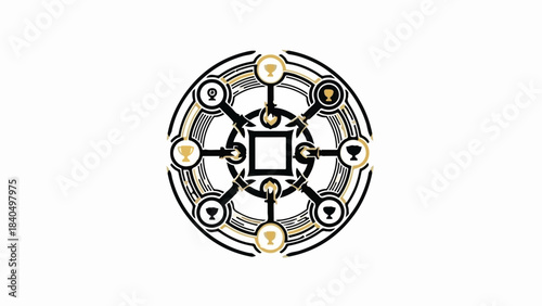Abstract circular diagram with trophy icons symbolizing achievement and connection
