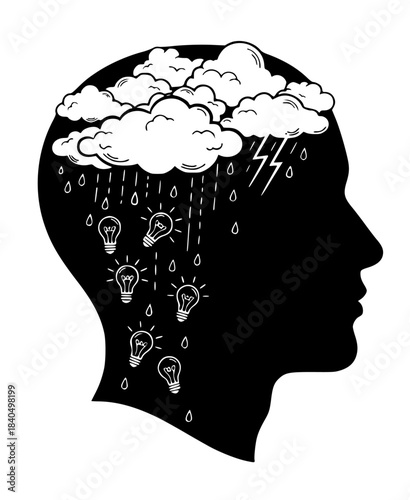 Brainstorming process: light bulbs raining from storm clouds within a human head profile