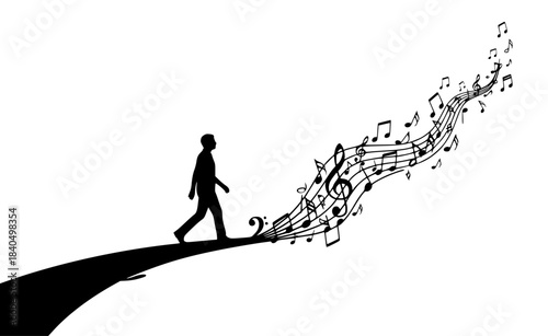 Silhouette of a person walking on a path turning into musical notes and symbols