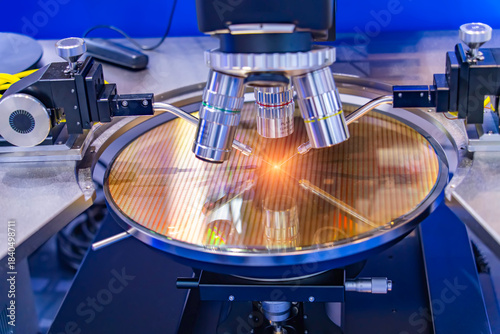 silicon wafer with needles for test of semiconductor on the probe station,examining a sample of microchip transistor