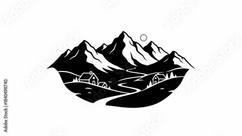 Serene mountain landscape with winding road and cozy cabins under a bright sun.