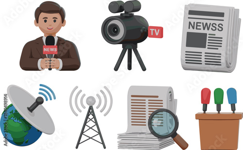 3D cartoon style media and journalism icons showing reporter, TV camera, newspaper, satellite, radio tower, press conference, communication concept
