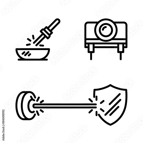 Black and White Icon Set - Pipette, Projector, Laser Beam, Shield.