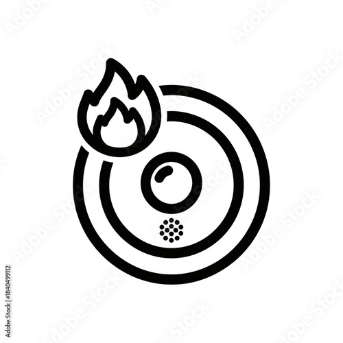 Black and White Smoke Detector Icon with Flame, Safety Symbol.
