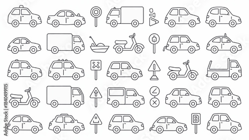 Collection of outline vehicle and traffic sign icons simple line art for transportation and navigation concepts isolated on white background