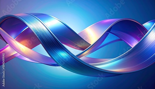A vibrant digital artwork features interwoven, metallic ribbons. The sleek bands twist and curve against a gradient blue backdrop. Colors shift