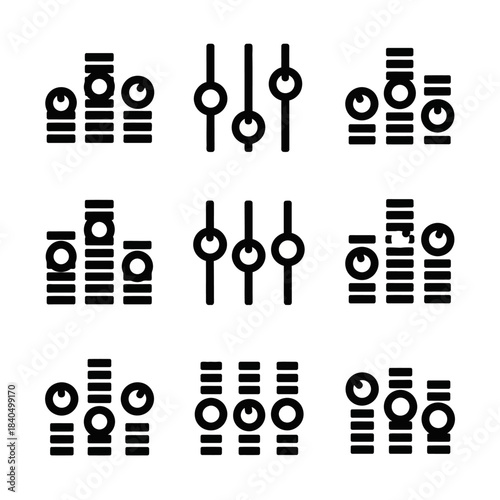 Black Line Art Audio Equalizer Icons Set, Sound Level Adjusters, Graphic Elements for Music Control.