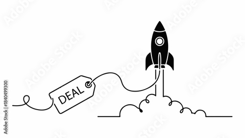Rocket launch with a "deal" tag signifies business growth and new opportunities.
