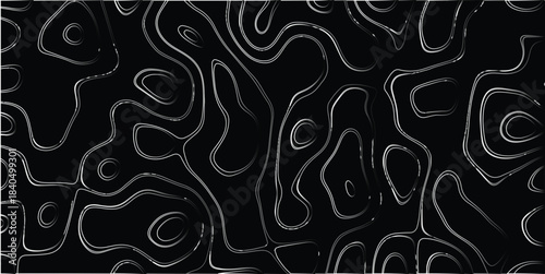 Abstract black background with intricate white and gray contour lines forming organic, flowing shapes, perfect for modern design and artistic applications