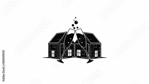 Celebratory toast with champagne glasses in front of a stylized building