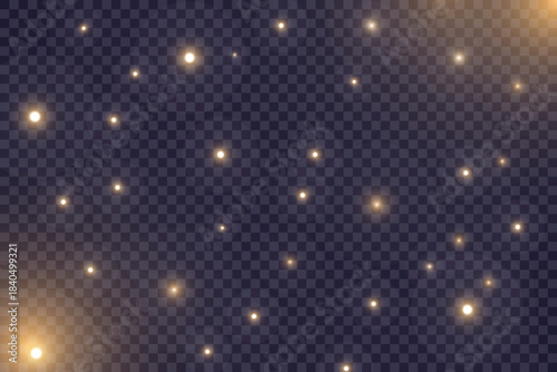 Vector magical glowing dust with sparkling light particles. Floating fairy dust effect for Christmas design. Transparent background. Vector illustration.