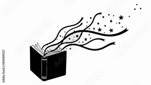 Open book releasing magical stars and swirling lines, symbolizing imagination and creativity