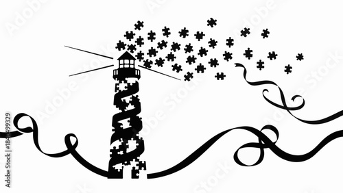 Whimsical lighthouse with puzzle pieces forming smoke and flowing ribbons