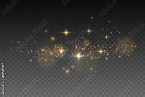 Vector sparkling light dust with glowing particles. Christmas fairy dust effect. Transparent background, PNG.