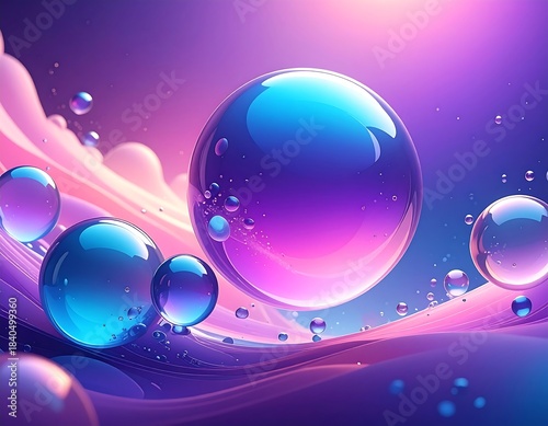 A vibrant digital artwork features iridescent glass spheres floating over a swirling, layered background of purple, pink, and blue hues