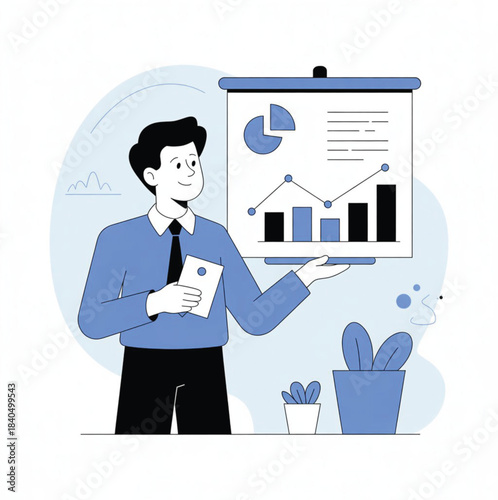 Business man presenting financial data and charts on a whiteboard