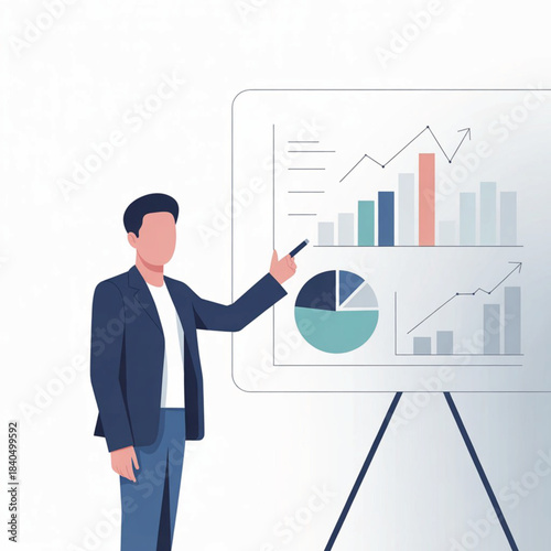 Businessman presenting financial data and charts on a whiteboard with colorful graphs