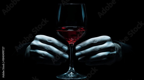 Dark hands hold a glass of red wine against a black background, conveying mystery and luxury, which is suitable for an atmospheric backdrop in advertisements for premium beverages.