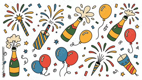Celebration elements collection including champagne bottles fireworks balloons and confetti hand-drawn illustration for party and event design