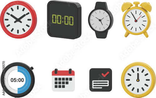 3D illustration of clocks and timers with calendar icons, wristwatch, alarm clock, digital clock, stopwatch, and schedule reminder
