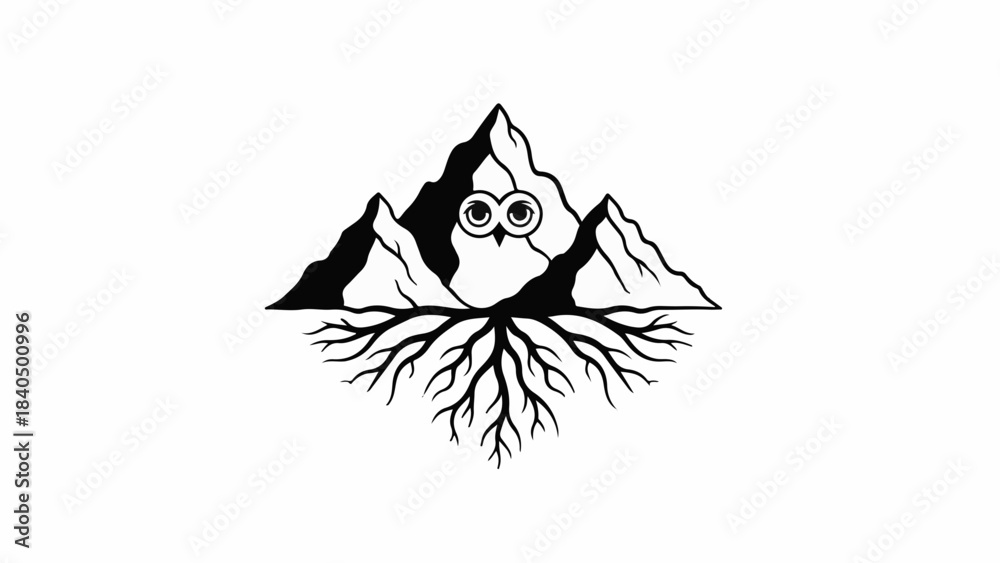 Fototapeta premium Whimsical owl peeking from behind majestic mountain peaks with exposed roots.