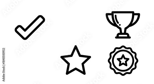 Minimalist black outline icons for success and achievement, including a checkmark, trophy, star, and award seal.