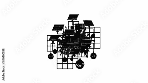 Intricate abstract network of interconnected digital elements and solar panels symbolizing technology and renewable energy.