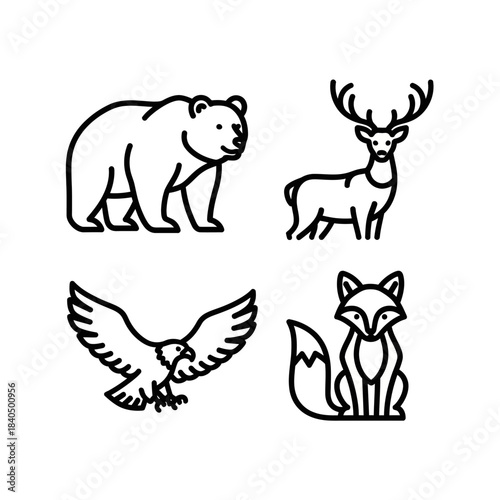 Minimalist black outline illustrations of wild animals - a standing bear, majestic deer, soaring eagle, and a sitting fox.