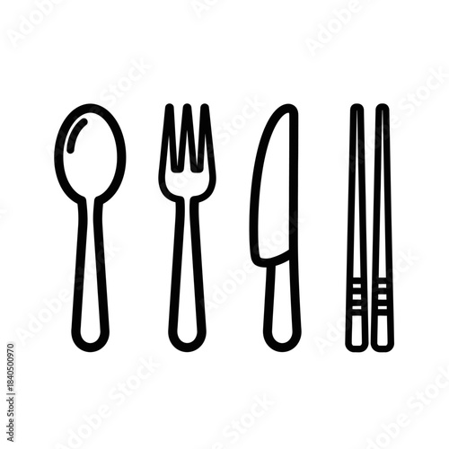 Minimalist Black Outline of Spoon, Fork, Knife, and Chopsticks on White Background.