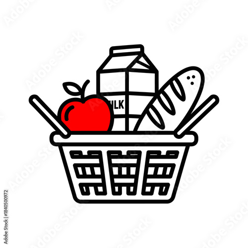Minimalist black outline shopping basket icon with vibrant red apple, milk carton, and baguette.