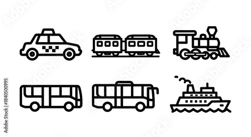 Minimalist black outline vector icons set of diverse transportation vehicles - taxi, train, buses, and ship.
